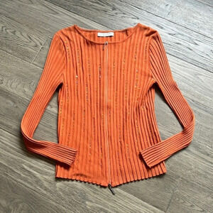 🔥lucien Daunois🔥 | Vintage orange knit beaded  zip up cardigan